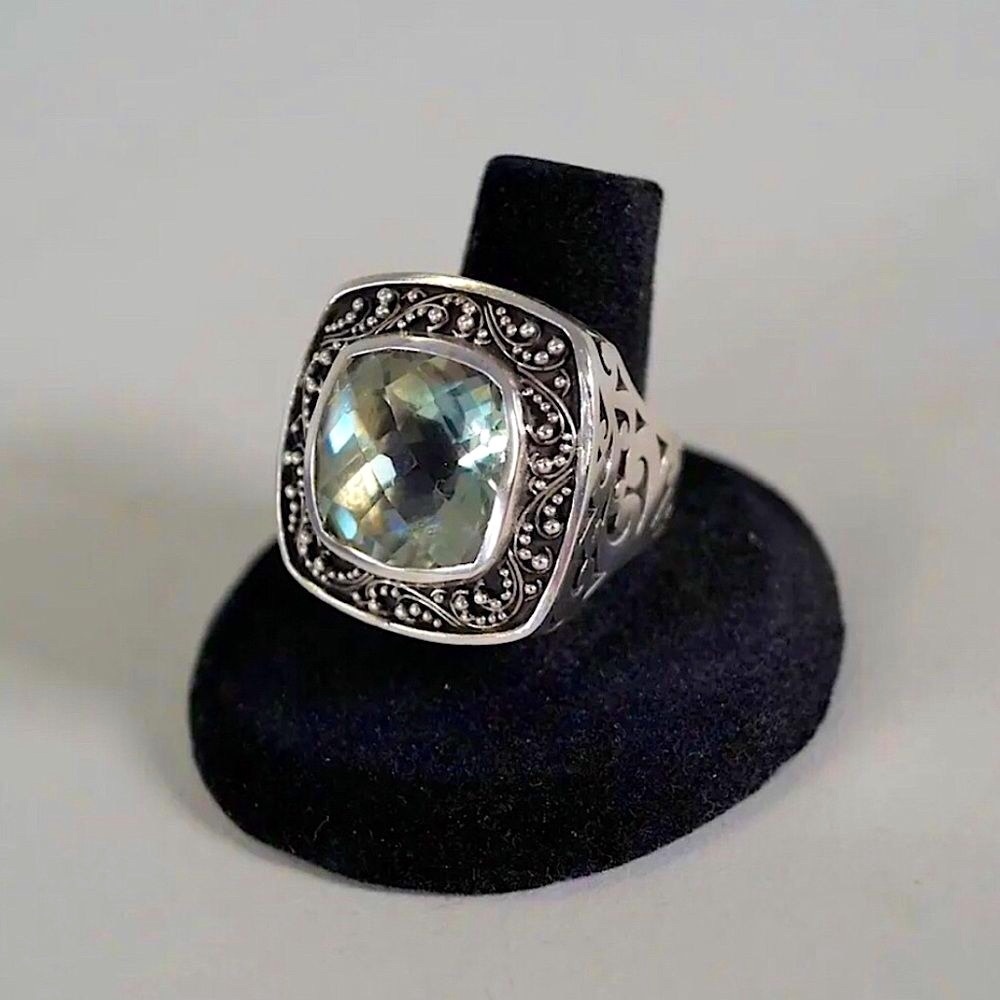 LOIS HILL Green Amethyst Square Cut Faceted Sterling Silver Cigar Band Ring Sz 8